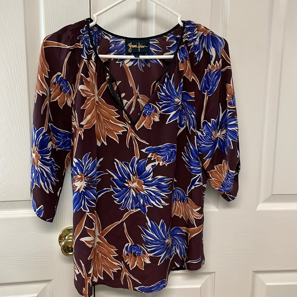 Silk Yumi Kim floral blouse brown blue floral